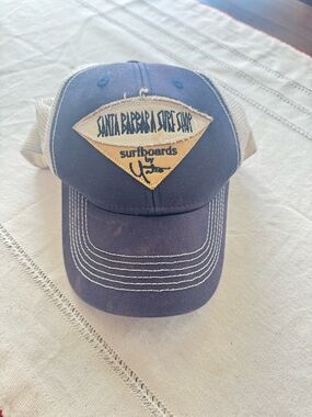 White and Blue Mesh Snapback Hat with Navy Logo Patch